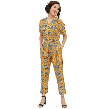 Rosolly Women's Polyester Printed Half Sleeve Long Jumpsuit (Yellow)