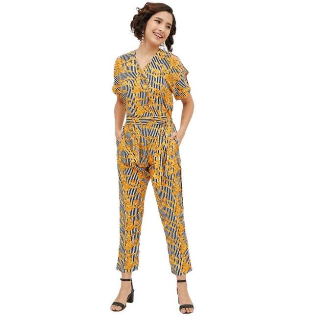 Rosolly Women's Polyester Printed Half Sleeve Long Jumpsuit (Yellow)