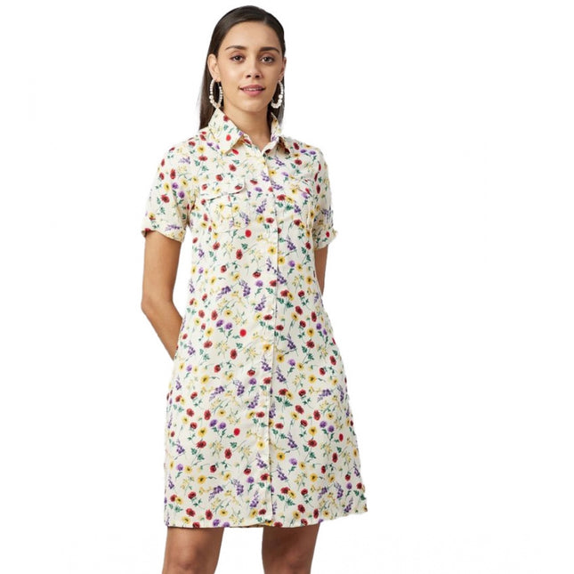 Rosolly Women's Polyester Floral Short Sleeve Above Knee Dress (Multicolor)