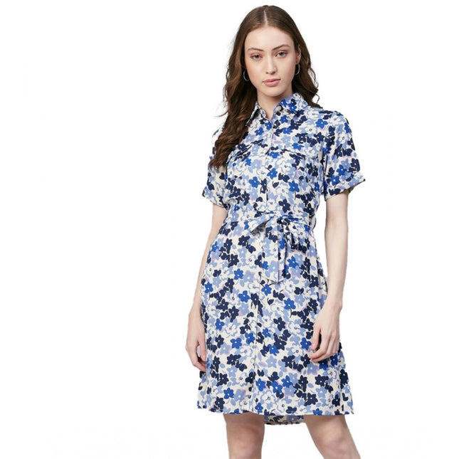 Rosolly Women's Polyester Floral Short Sleeve Above Knee Dress (Blue - White)
