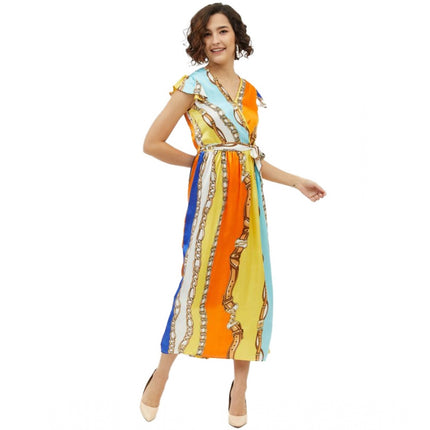 Rosolly Women's Satin Chain Print Cap Sleeve Calf-length Dress (Multicolor)