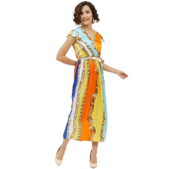 Rosolly Women's Satin Chain Print Cap Sleeve Calf-length Dress (Multicolor)