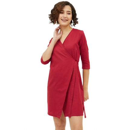Rosolly Women's Cotton Wrap 3-4th Sleeves Above Knee Dress (Maroon)