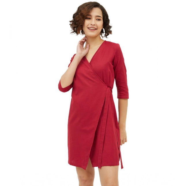 Rosolly Women's Cotton Wrap 3-4th Sleeves Above Knee Dress (Maroon)