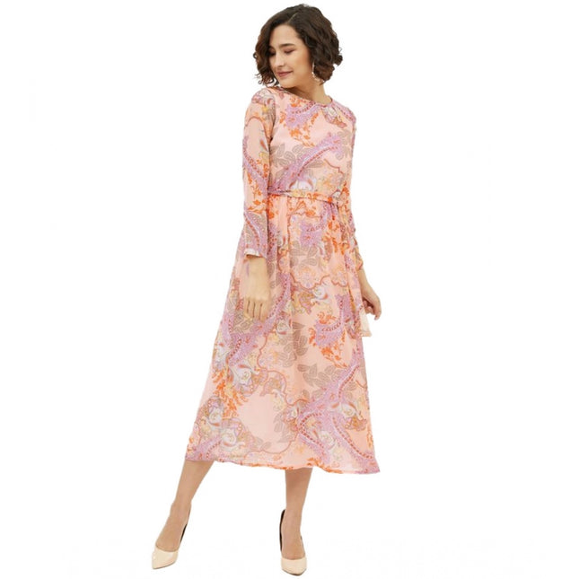 Rosolly Women's Polyester Printed Long Sleeves Calf-length Dress (Multicolor)