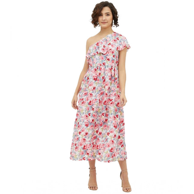 Rosolly Women's Polyester Floral One Shoulder Calf-length Dress (Multicolor)
