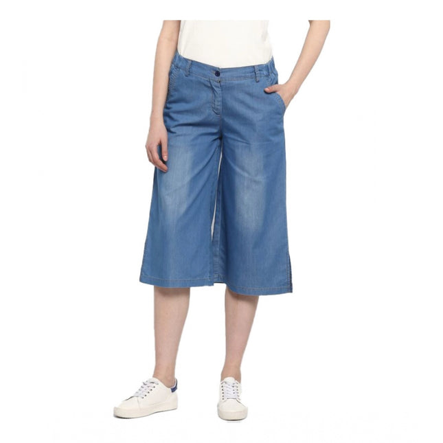 Rosolly Women's Denim Solid Buttoned Below Knee Culottes (Light Blue)