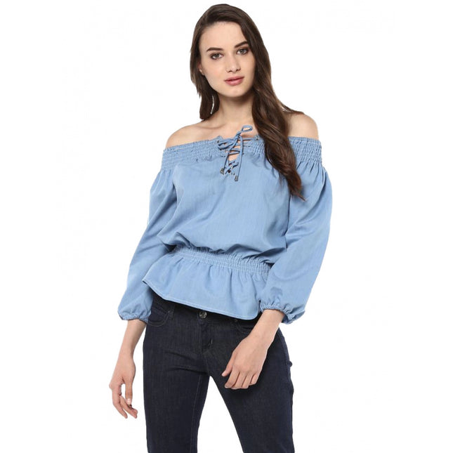 Rosolly Women's Denim Solid 3-4th Sleeves Regular Top (Blue)