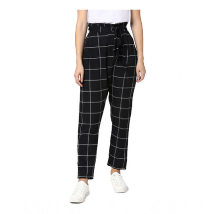 Rosolly Women's Polyester Checkered Elasticated Trousers (Black - White)