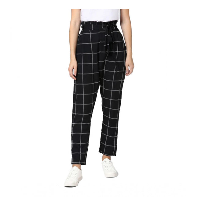 Rosolly Women's Polyester Checkered Elasticated Trousers (Black - White)