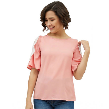 Rosolly Women's Polyester Lace Inserts Cold Shoulder Top (Pink)