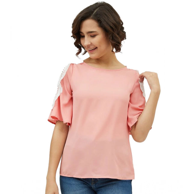 Rosolly Women's Polyester Lace Inserts Cold Shoulder Top (Pink)