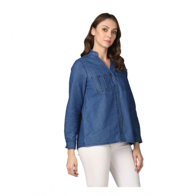 Rosolly Women's Denim Solid Long Sleeves Top (Blue)