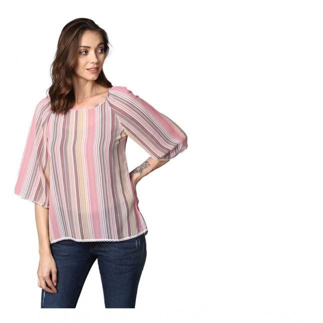 Rosolly Women's Polyester Striped 3-4th Sleeves Top (Pink)