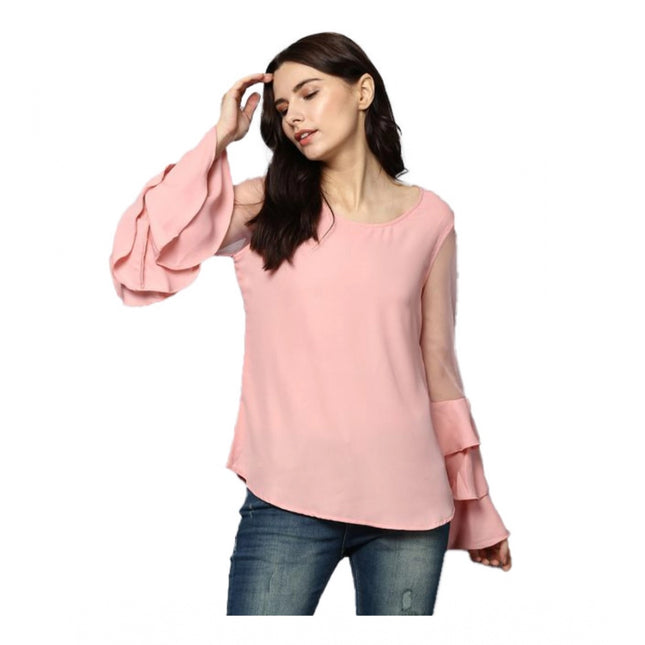 Rosolly Women's Polyester Solid Tier Sleeve Top (Pink)