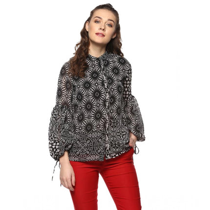 Rosolly Women's Polyester Printed Balloon Sleeve Top (Black - White)