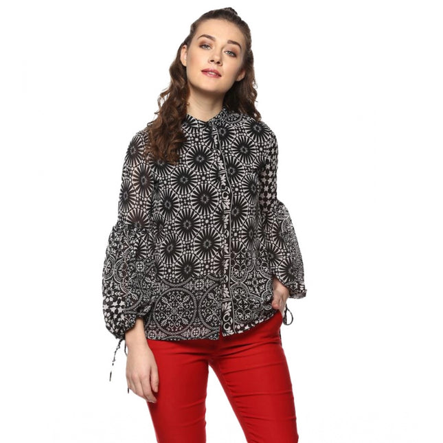 Rosolly Women's Polyester Printed Balloon Sleeve Top (Black - White)