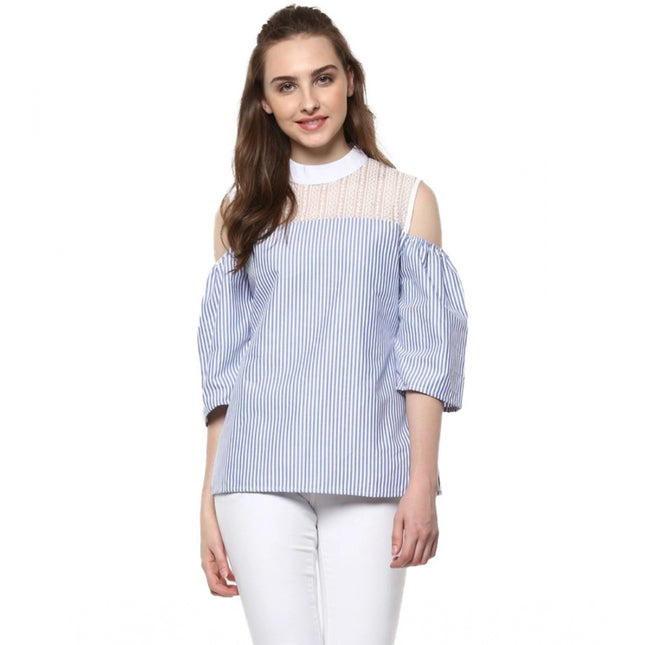 Rosolly Women's Cotton Striped Cold Shoulder Top (Blue)