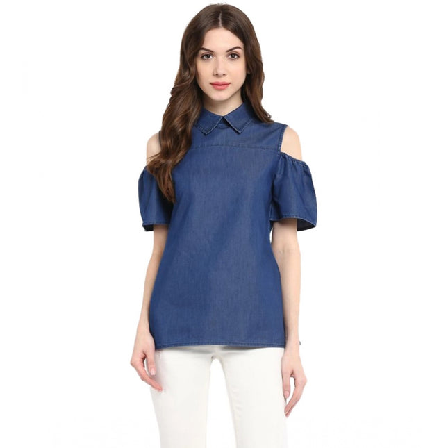 Rosolly Women's Denim Solid Cold Shoulder Regular Top (Blue)