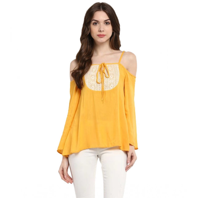 Rosolly Women's Rayon Embellished Cold Shoulder Regular Top (Mustard Yellow)