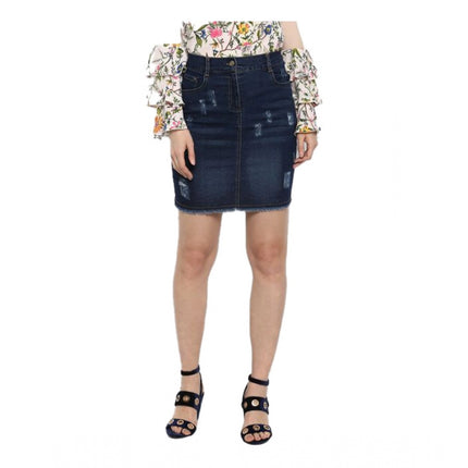 Rosolly Women's Denim Distressed Buttoned Skirt (Blue)