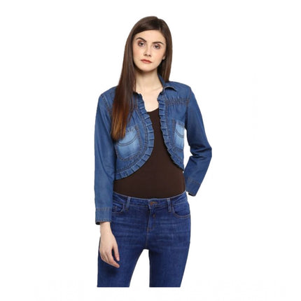 Rosolly Women's Denim Pleated 3-4th Sleeves Shrug (Blue)