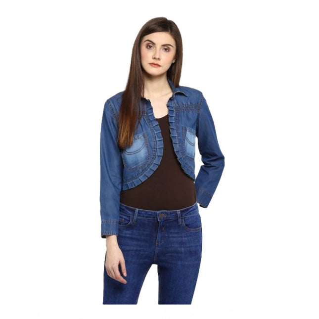 Rosolly Women's Denim Pleated 3-4th Sleeves Shrug (Blue)