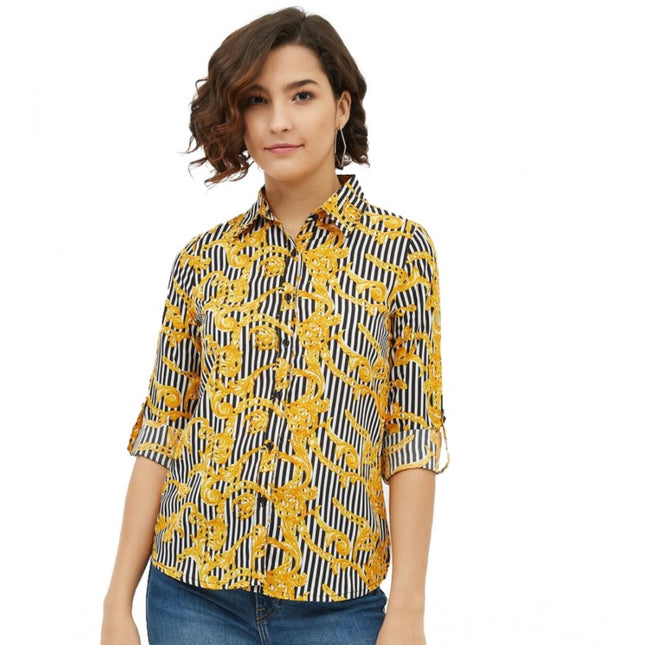Rosolly Women's Polyester Printed Roll Up Sleeve Standard Length Shirt (Mustared)