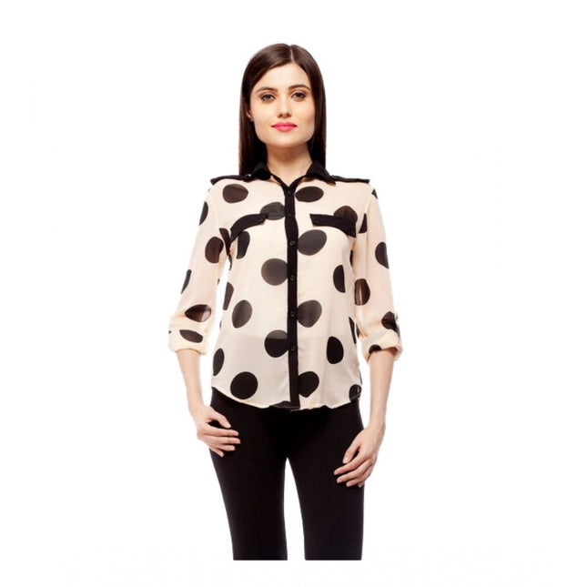 Rosolly Women's Polyester Polka Roll Up Sleeve Standard Length Shirt (Peach)