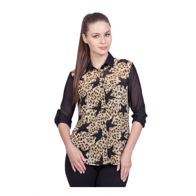 Rosolly Women's Polyester Printed Roll Up Sleeve Standard Length Shirt (Black)
