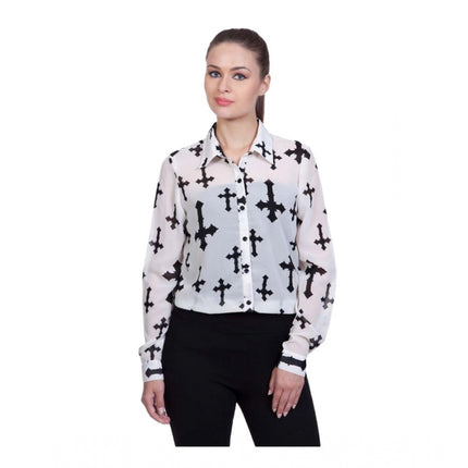 Rosolly Women's Polyester Printed Long Sleeves Standard Length Shirt (White)