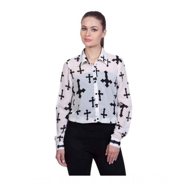 Rosolly Women's Polyester Printed Long Sleeves Standard Length Shirt (White)