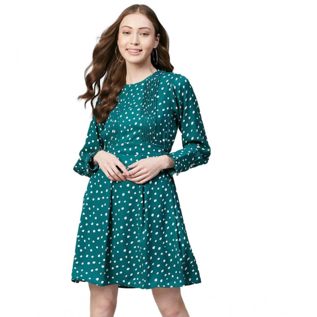 Rosolly Women's Polyester Polka Long Sleeves Above Knee Dress (Green - White)