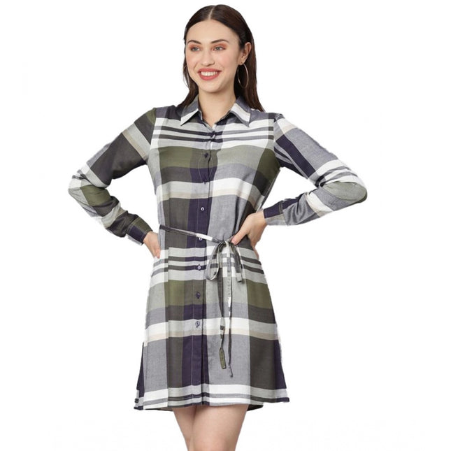 Rosolly Women's Cotton Checkered Long Sleeves Above Knee Dress (Olive - White)