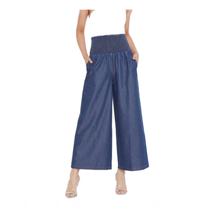 Rosolly Women's Denim Solid Smocked Trousers (Navy Blue)