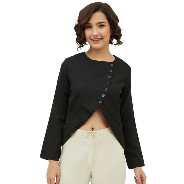 Rosolly Women's Polyester Asymmetrical Long Sleeves Top (Black)