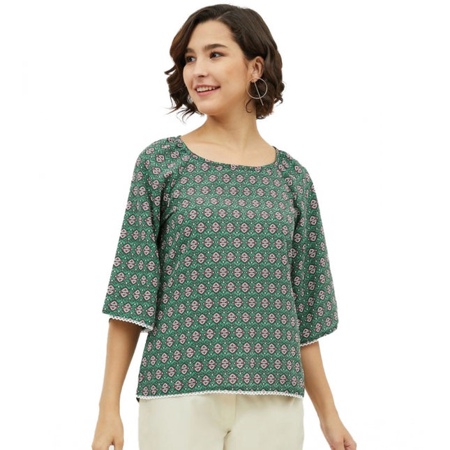 Rosolly Women's Polyester Printed 3-4th Sleeves Top (Green)