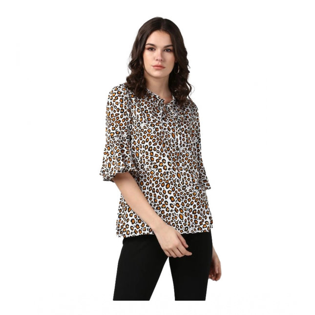 Rosolly Women's Polyester Animal Print Bell Sleeve Top (Orange - Black)