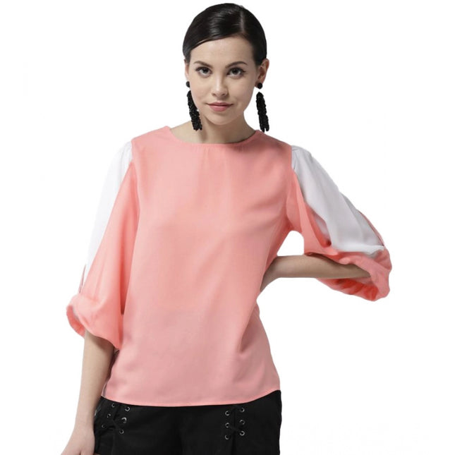 Rosolly Women's Polyester Colour Block Slit Sleeve Top (Pink)