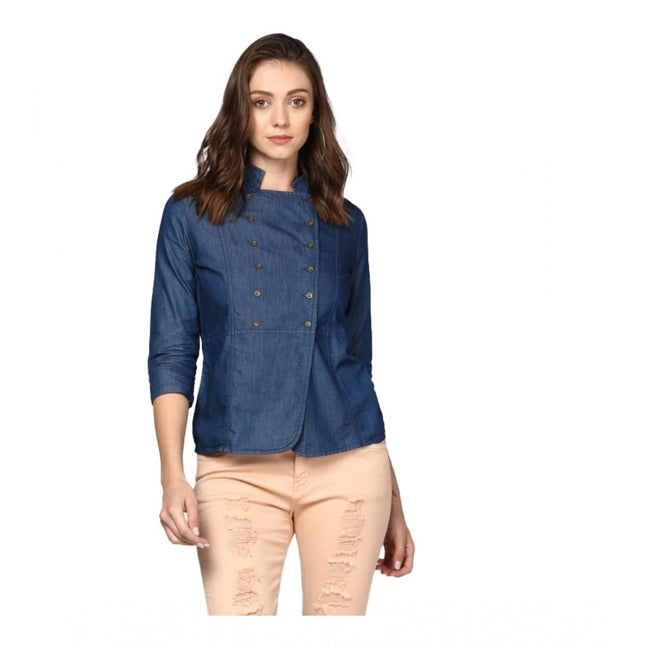 Rosolly Women's Denim Solid 3-4th Sleeves Top (Blue)