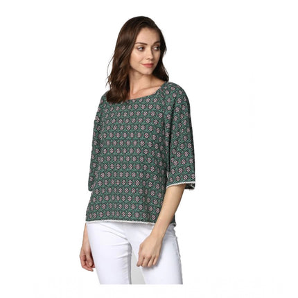 Rosolly Women's Polyester Printed 3-4th Sleeves Top (Green)