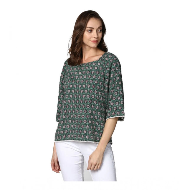 Rosolly Women's Polyester Printed 3-4th Sleeves Top (Green)