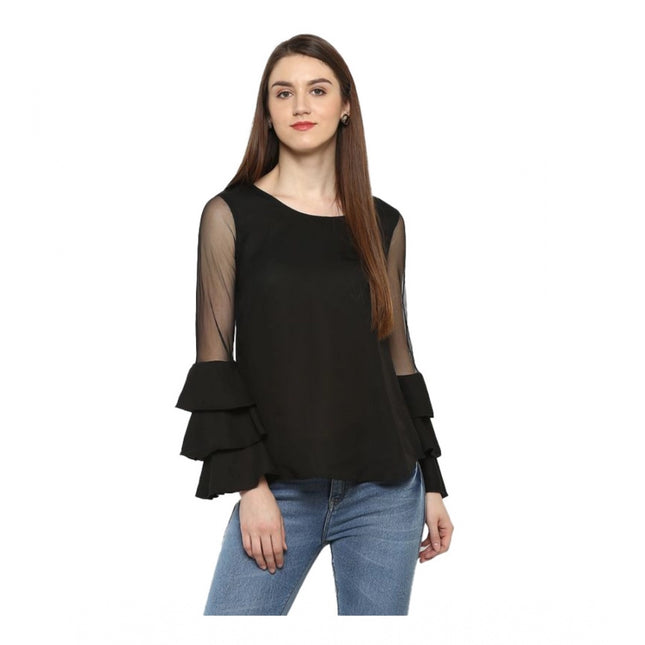 Rosolly Women's Polyester Solid Tier Sleeve Top (Black)
