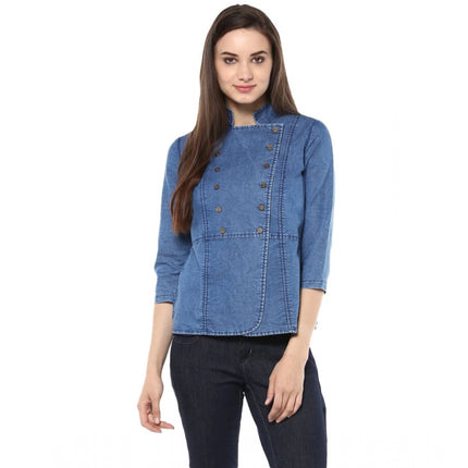 Rosolly Women's Denim Solid 3-4th Sleeves Regular Top (Blue)