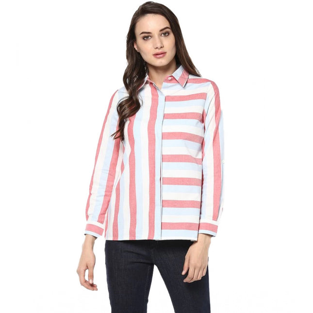 Rosolly Women's Cotton Striped Roll Up Sleeve Regular Top (Red)
