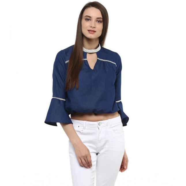 Rosolly Women's Polyester Solid Bell Sleeve Regular Top (Blue)