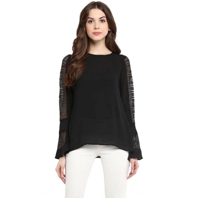 Rosolly Women's Polyester Georgette Self Design Bell Sleeve Regular Top (Black)