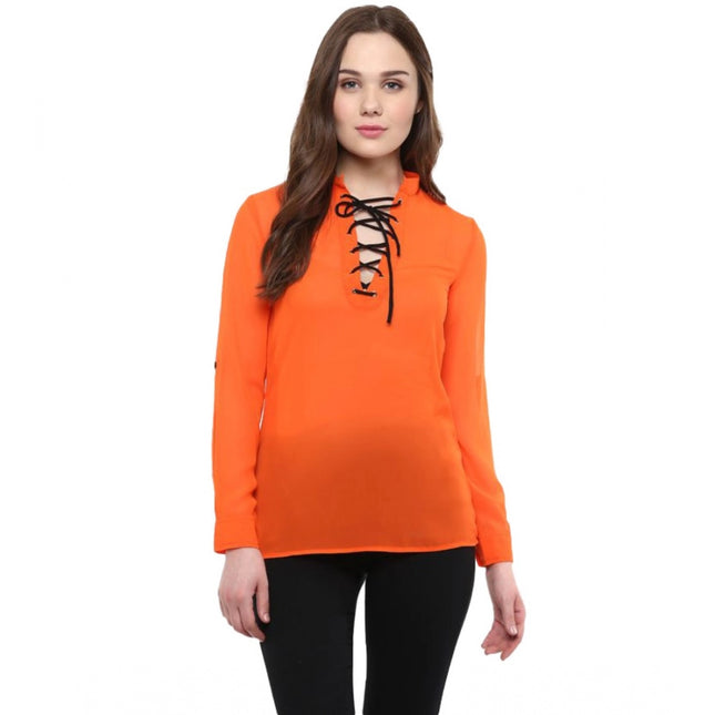 Rosolly Women's Polyester Solid Long Sleeves Regular Top (Orange)