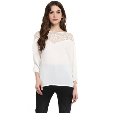Rosolly Women's Polyester Georgette Self Design 3-4th Sleeves Regular Top (White)