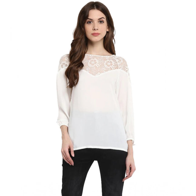 Rosolly Women's Polyester Georgette Self Design 3-4th Sleeves Regular Top (White)